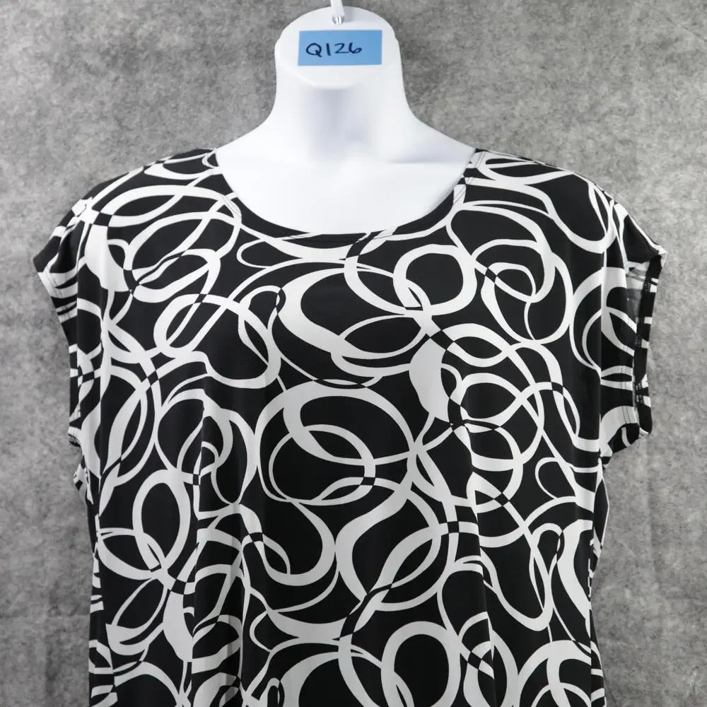 Susan Graver Shirt Womens 1X Black White Geo Print Scoop Neck Dolman Tunic Top